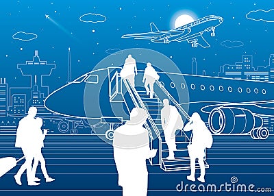 Passengers board the plane. Contour transport illustration. City airport infrastructure. Vector design art Vector Illustration